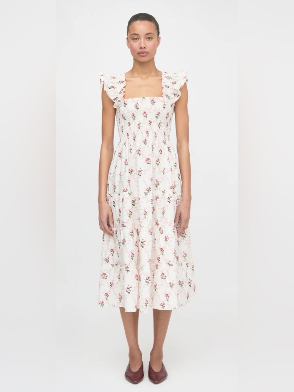 Hill House White Midi Nap Dress with Pink Rose Print